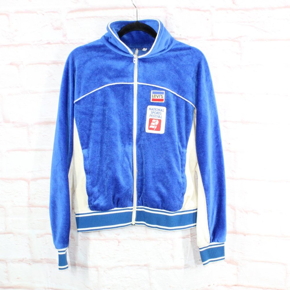 Vintage Levi's Blue Acrylic Zip Up USA National Sport Festival Track Jacket Sz L - Picture 1 of 9